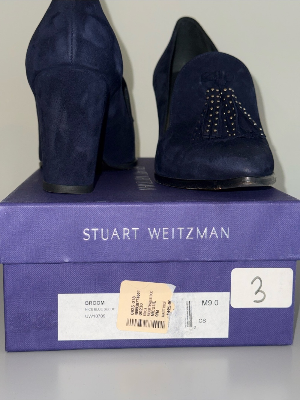 Stuart Weitzman Navy Suede Tassel Block Heels